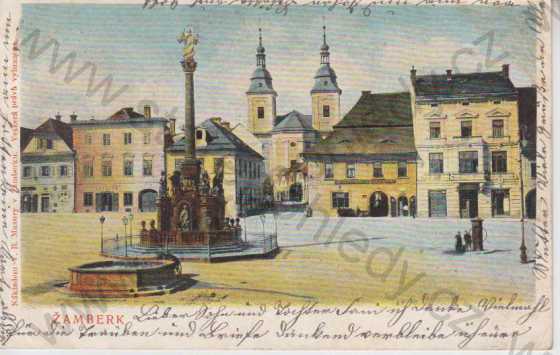  - Žamberk- část náměstí- mariánský sloup, Kostel sv. Václava, kolorovaná, DA