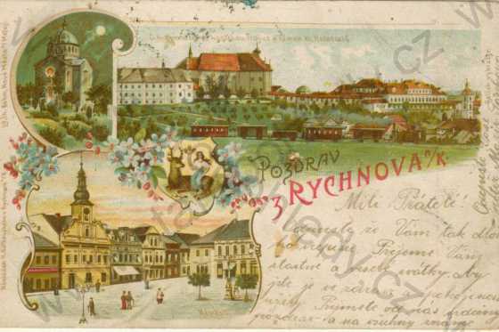  - Rychnov nad Kněžnou- C. k. gymnasium, kostel sv. Trojice, zámek, kaple, náměstí, litografie, DA, kolorovaná