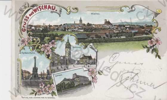  - Vyškov (Wischau), celkový pohled na město, náměstí, radnice, zámek, více záběrů, kolorovaná, DA