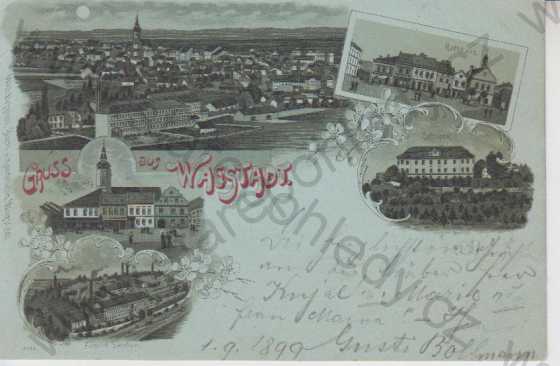  - Bílovec (Wagstadt)- celkový pohled, radnice, zámek, náměstí, továrna, litografie, DA