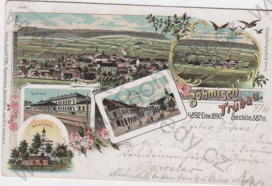  - Česká Třebová (Böhmisch Trübau), celkový pohled na město, NÁDRAŽÍ, náměstí, kaple, více záběrů, kolorovaná, DA