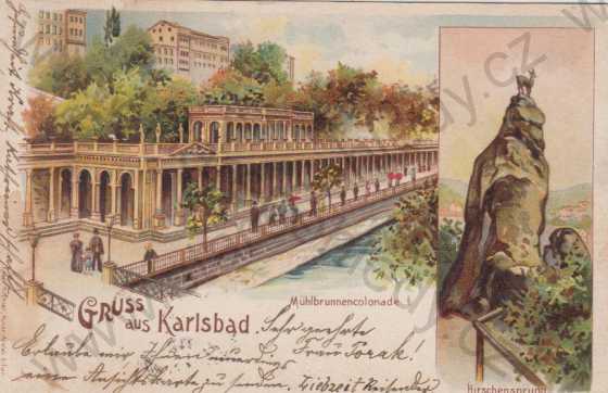  - Karlovy Vary (Karlsbad)- Vyhlídka Jelení skok, Mlýnská kolonáda, litografie, DA, kolorovaná