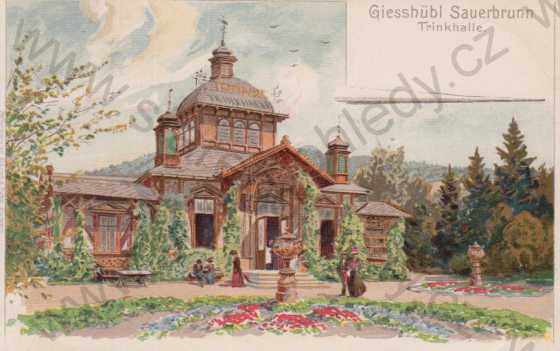  - Kyselka (Giesshübl Sauerbrunn)- pitná hala/Růžový pavilon, litografie, DA, kolorovaná