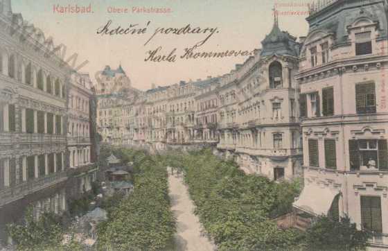  - Karlovy Vary- dnešní Sadová ulice (Karlsbad- Obere Parkstrasse), ručně kolorovaná, DA