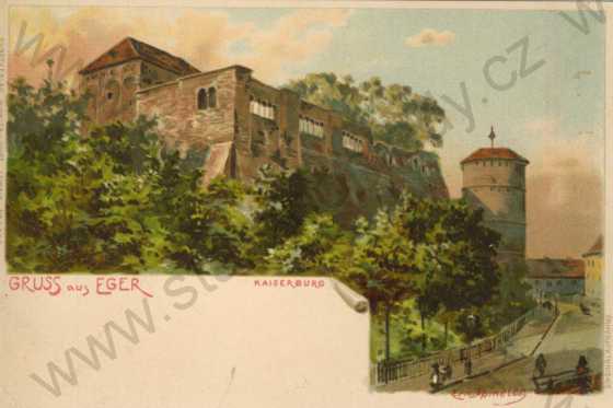  - Cheb (Eger)- hrad, kolorovaná, litografie, DA