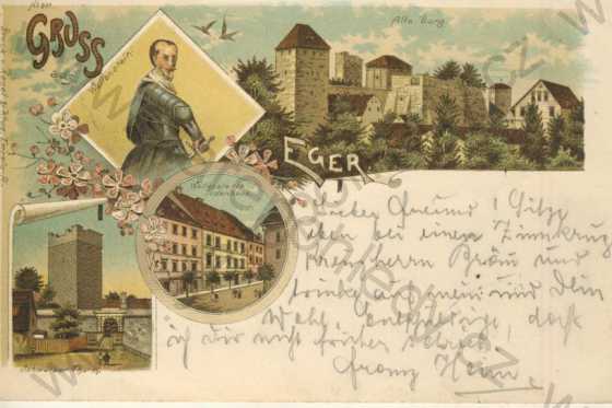  - Cheb (Eger)- hrad, Wallenstein, Černá věž, litografie, DA, kolorovaná