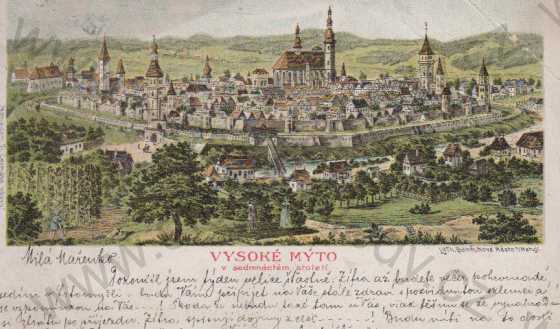  - Vysoké Mýto, celkový pohled na město v 17. století, kolorovaná, DA