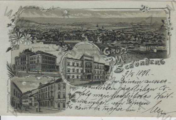  - Šumperk (Mähr. Schönberg), celkový pohled na město, gymnázium, hotel, náměstí, více záběrů, DA