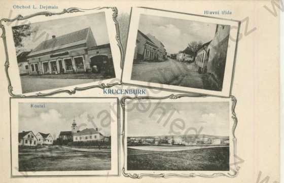  - Krucemburk (Krucenburk)- Obchod- L. Dejmala, Hlavní třída, kostel, celkový pohled
