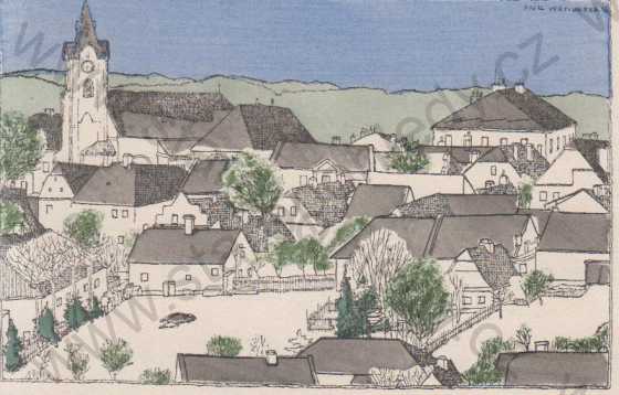  - Horní Benešov, (Bennisch), celkový pohled na město, kresba, kolorovaná