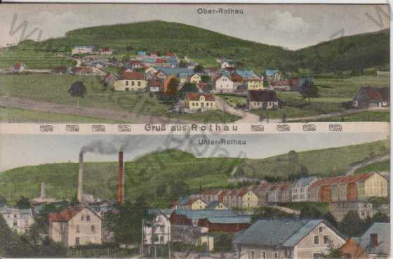  - Rotava (Rothau)- Horní Rotava, Dolní Rotava- celkové pohledy, tovární komíny, kolorovaná