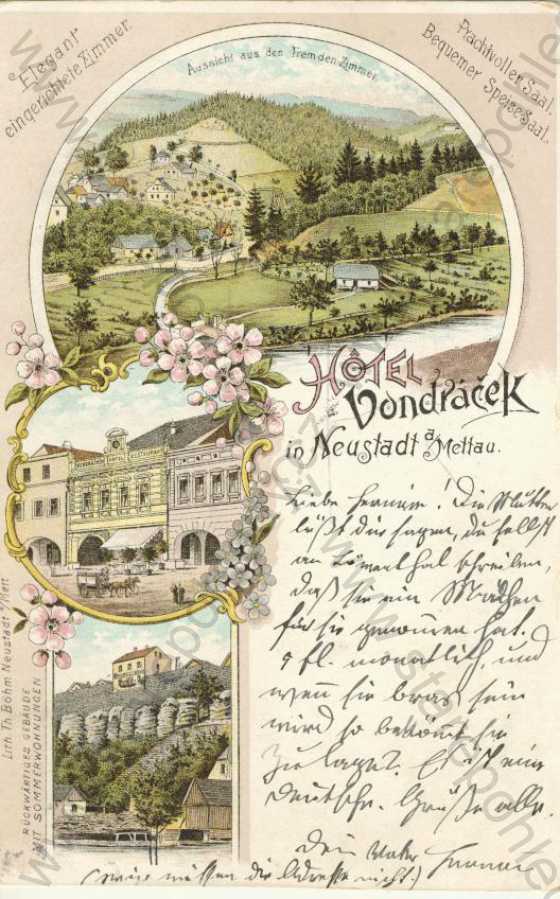 - Nové Město nad Metují (Neustadt an der Mettau)- Hotel Vondráček, více záběrů, litografie, DA, kolorovaná