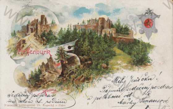  - Helfenburk- zřícenina- hrad, více záběrů, ERB, litografie, DA, kolorovaná