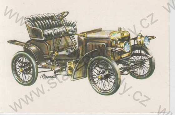  - Automobil Laurin and Klement - 1905, kresba, kolorovaná