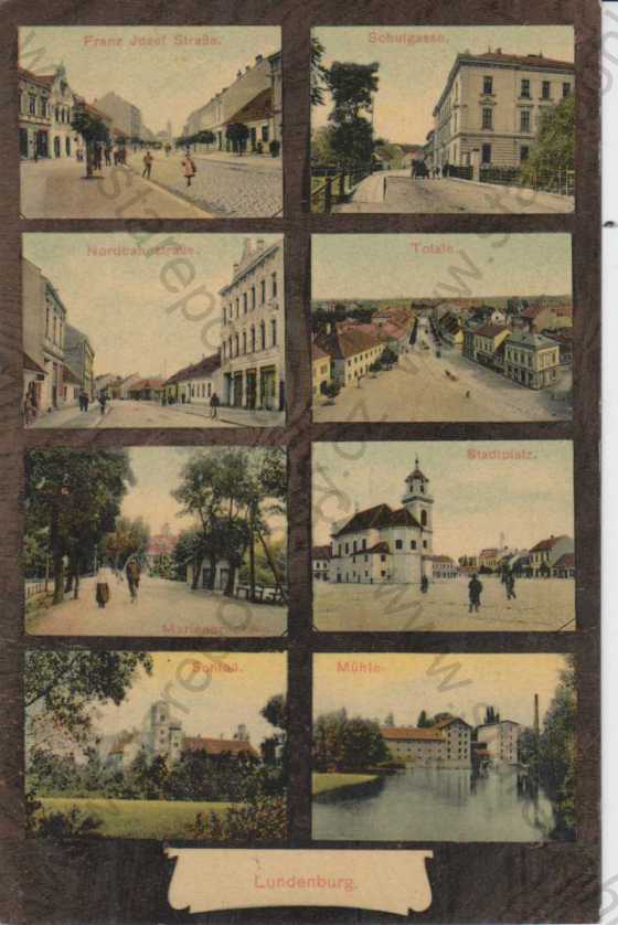  - Břeclav, celkový pohled na město, náměstí, škola, zámek, mlýn, více záběrů, kolorovaná
