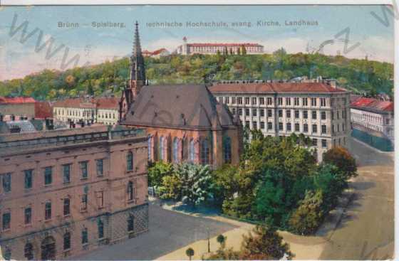 - Brno (Brünn), kostel, škola, v pozadí Špilberk, kolorovaná