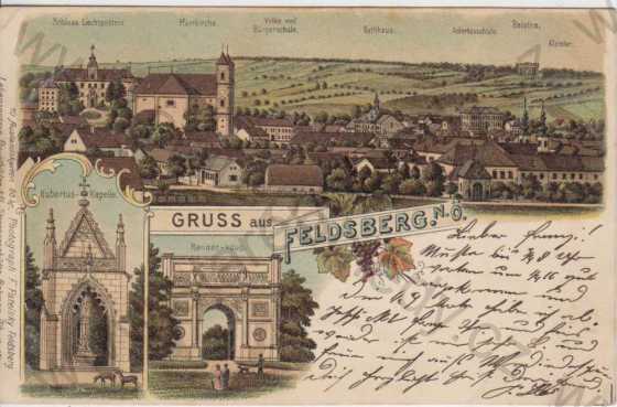  - Valtice (Feldsberg), celkový pohled na město, zámek, kostel, škola, radnice, kaple, brána, více záběrů, kolorovaná, DA