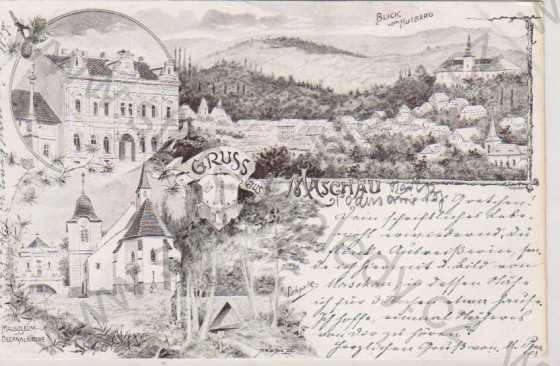  - Mašťov (Maschau), celkový pohled, mausoleum a kostel, úřad, DA
