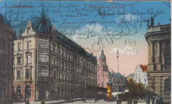  - Liberec (Reichenberg), náměstí- divadlo, Café Post, synagoga, kolorovaná