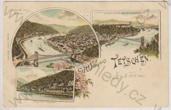  - Děčín (Tetschen), řeka, most, lodě, více záběrů, litografie, DA