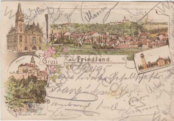  - Frýdlant (Friedland), celkový pohled na město, radnice, zámek, rozhledna, kolorovaná, DA