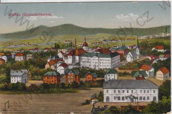  - Hrádek nad Nisou (Grottau), celkový pohled na město, kolorovaná, NÁDRAŽÍ, vlak