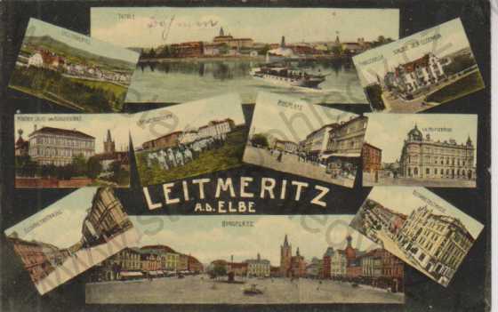  - Litoměřice (Leitmeritz a. d. Elbe), celkový pohled, náměstí, kasárny, škola, partie z ulic, barevná