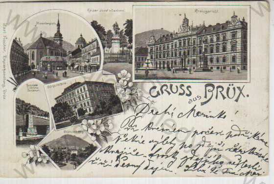  - Most (Brüx), náměstí - kostel, pomník Josefa II., okresní soud, škola, Hrad Hněvín, litografie, DA