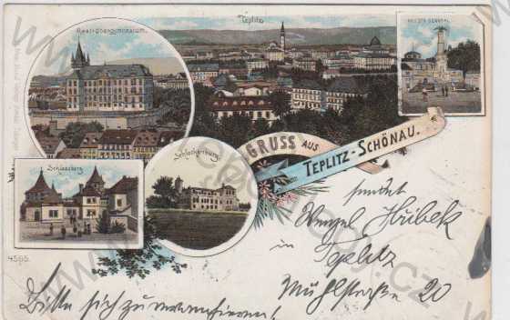  - Teplice (Teplitz - Schönau, Real Gymnasium, Krieger Denkmal, Schlossberg, Schlackenburg), litografie, DA, barevná