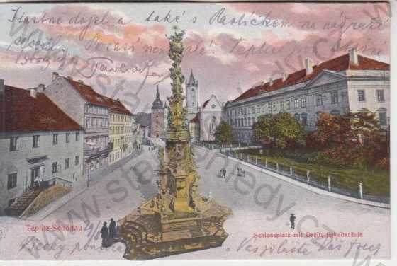  - Teplice - Šanov (Teplitz - Schönau), náměstí - Sloup Nejsvětější Trojice, kolorovaná, DA