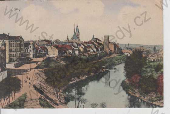  - Louny, celkový pohled na město, řeka, v pozadí kostel, kolorovaná