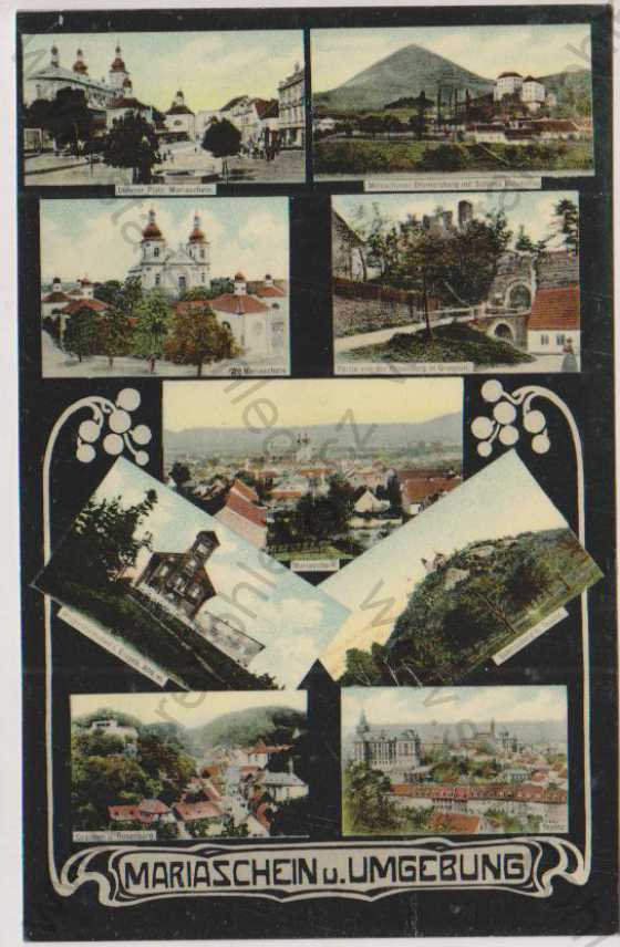  - Bohosudov (Mariaschein), náměstí, kostel, celkový pohled, Schlossberg b. Teplitz, Graupen, více záběrů