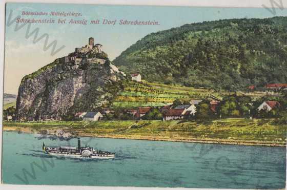  - Hrad Střekov - Schreckenstein bei Aussig mit Dorf Schreckenstein, kolorovaná, barevná