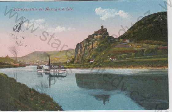  - Střekov (Schreckenstein bei Aussig an der Elbe)- hrad, parník, kolorovaná