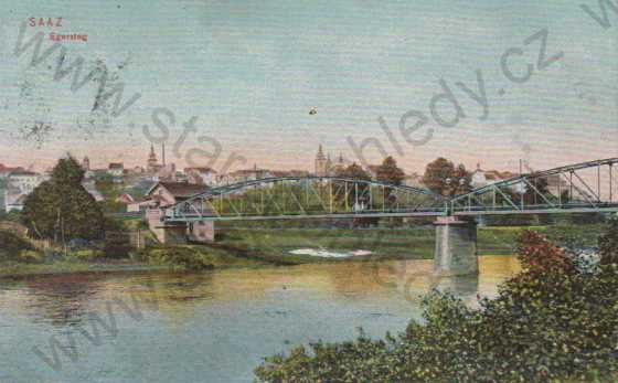  - Žatec (Saaz), řeka - partie, most, kolorovaná