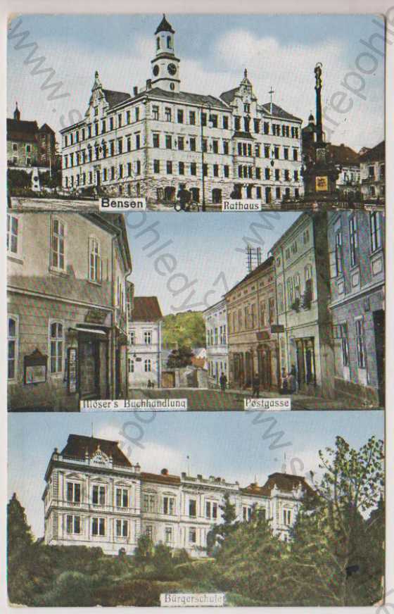  - Benešov nad Ploučnicí, Rathaus, Postgasse, Bürgerschule, barevná, více záběrů