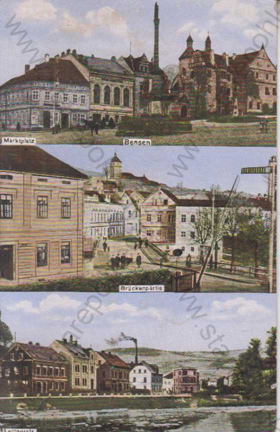  - Benešov nad Ploučnicí (Bensen), partie s mostem, náměstí, nábřeží, více záběrů, kolorovaná