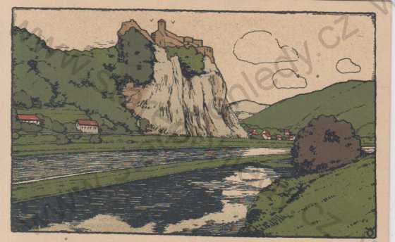  - Ústí nad Labem (Aussig), Střekov (Schrecknstein), kresba, kolorovaná