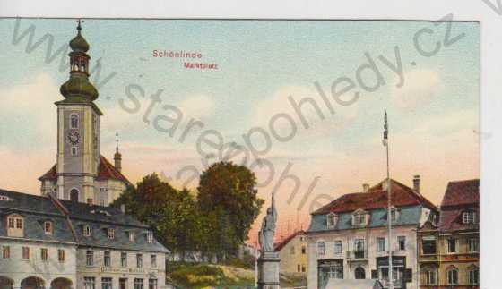  - Krásná Lípa (Schönlinde), partie náměstí,fontána, v pozadí kostel, kolorovaná