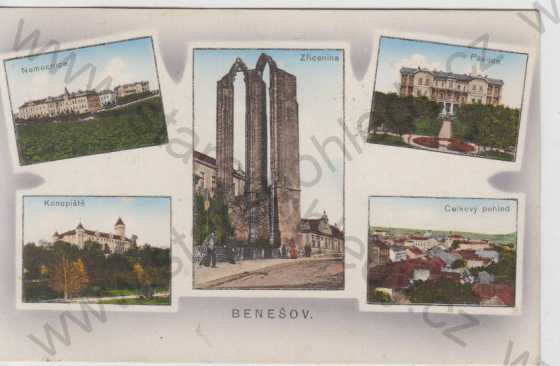  - Benešov, celkový pohled na město, zřícenina, pavilon,Konopiště, nemocnice, více záběrů, kolorovaná, koláž