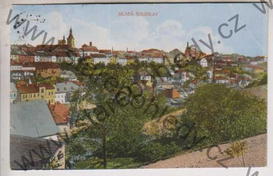  - Mladá Boleslav, celkový pohled na město, v pozadí kostel, barevná