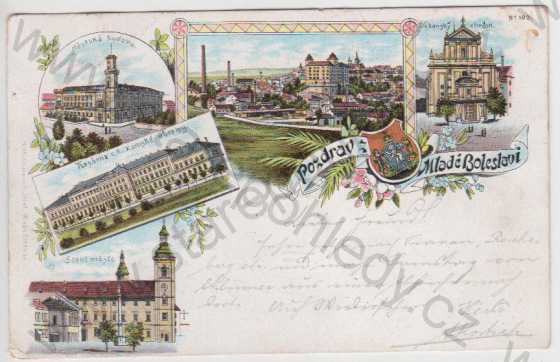  - Mladá Boleslav, celkový pohled, městská budova, Děkanský chrám, kasárna c. k. zemské obrany, staré město, více záběrů, litografie, DA