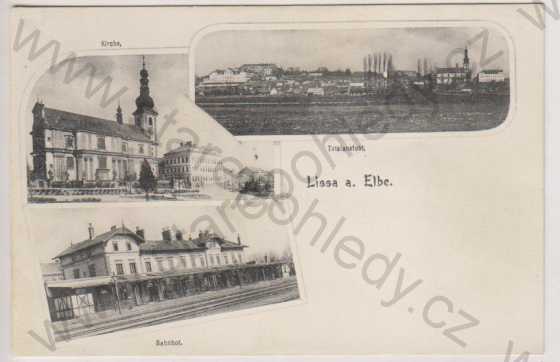  - Lysá nad Labem (Lissa a. Elbe), kostel, celkový pohled, nádraží, více záběrů