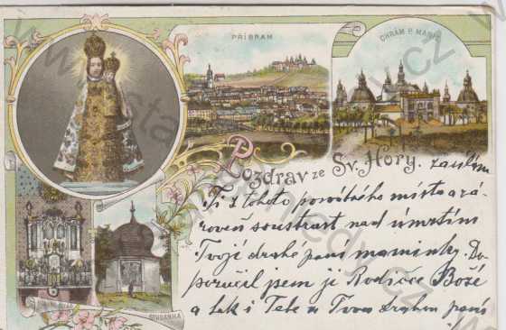  - Příbram (celkový pohled), Svatá Hora (Hlavní oltář, Studánka, Chrám Panny Marie), litografie, barevná