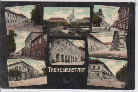  - Terezín (Theresienstadt) - více záběrů - kasárna, Pražská ulice,  Parádní náměstí, stráž, Německý dům, kolorovaná