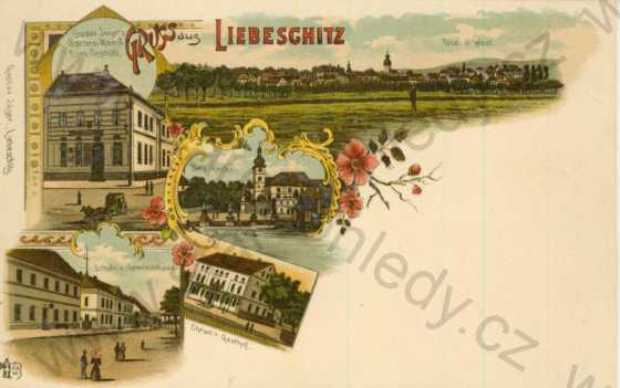  - Liběšice (Liebeschitz) - celkový pohled, obchod, kostel, škola, hostinec, litografie, DA, koláž, kolorovaná, Litoměřice