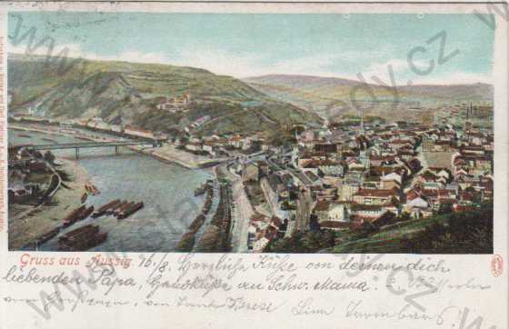  - Ústí nad Labem (Aussig an der Elbe) - celkový pohled, Labe, přístav, kolorovaná, DA