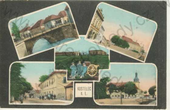  - Kostelec nad Labem - most, náměstí, vojáci povoz, kostel, kolorovaná