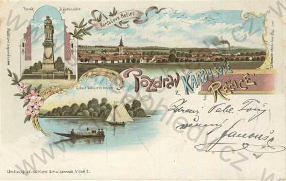  - Kardašova Řečice - celkový pohled, pomník Jablonský, rybník Velký - ostrov, litografie, DA, koláž, kolorovaná