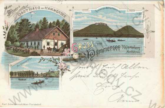  - Hamr na Jezeře / Hammersee bei Wartenberg - Hamerské jezero, Děvín, hostinec (kůň), litografie, DA, koláž, kolorovaná